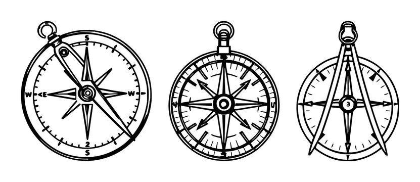 Compass vector illustration set with black line art palette and white background featuring precision geometry, directional symbols, and paper‑m&acirc;ch&eacute; detail with minimalist design and navigation motif