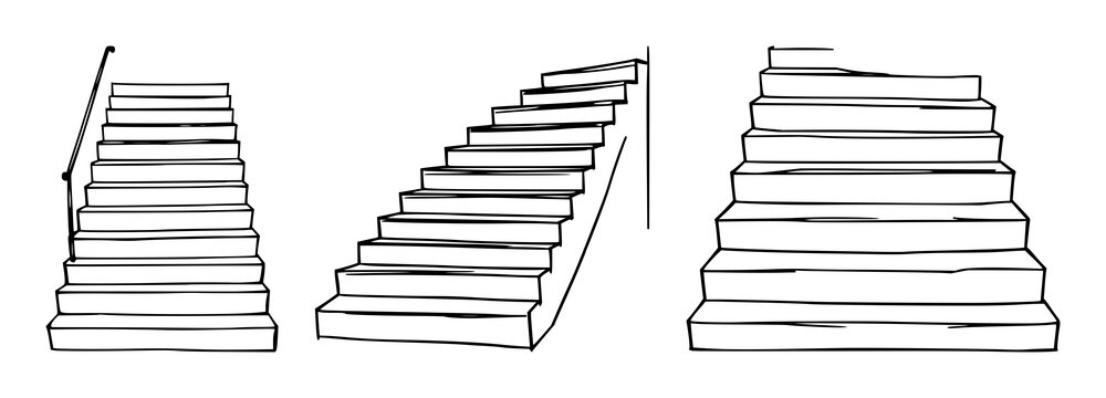 Stairs set with black line art on white background featuring architectural illustration, staircase design, simple geometry with minimalist style and vector graphics
