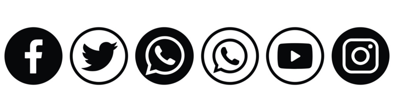 Set of popular social media black and white round icons including facebook twitter whatsapp youtube and instagram