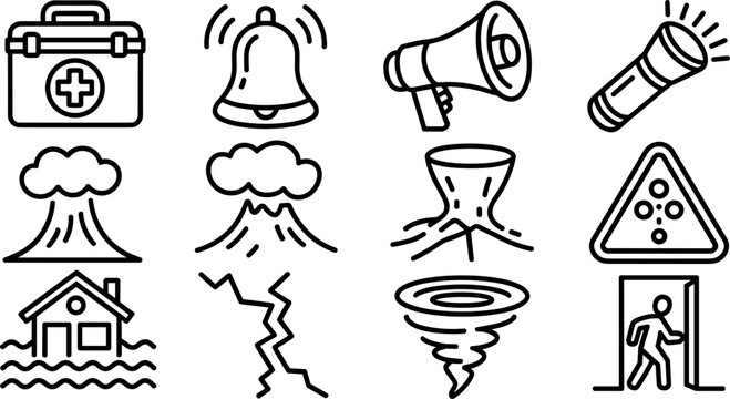Natural disaster emergency response and cataclysm survival evacuation plan outline line icons set