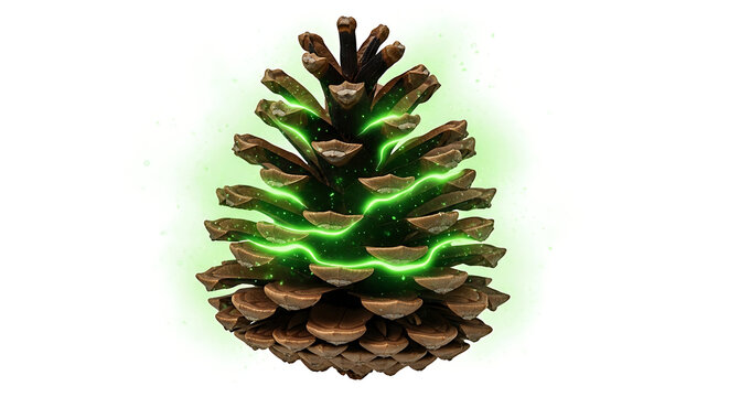 isolated pinecone with green neon light on its scales on white