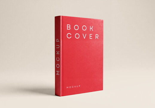 Hardcover Red Book Mockup Standing in Perspective View on Off White Background for Literature and Novel Cover Showcase