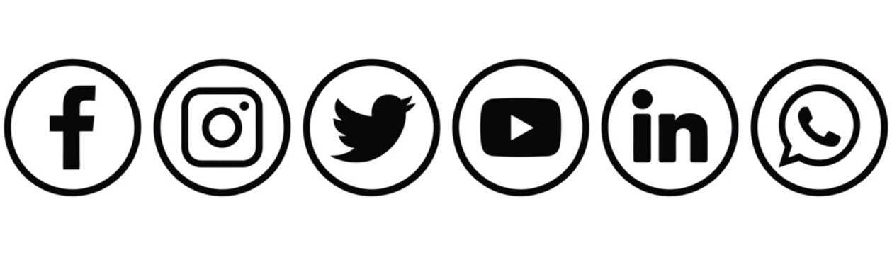 Set of popular social media black flat minimalist logos with thin line circle frames including facebook instagram twitter youtube linkedin and whatsapp isolated on white background