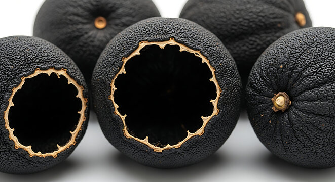 Five dried black limes isolated on a white background, unique citrus fruit