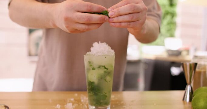 Garnishing mojito. Serving cocktail. Unrecognizable barman hand adding fresh mint sprig on ice cool fruit drink at professional bar counter.