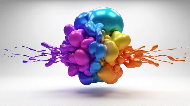 A vibrant abstract 3D render featuring a central iridescent blue sphere with colorful, fluid shapes of purple, yellow, and orange bursting outwards