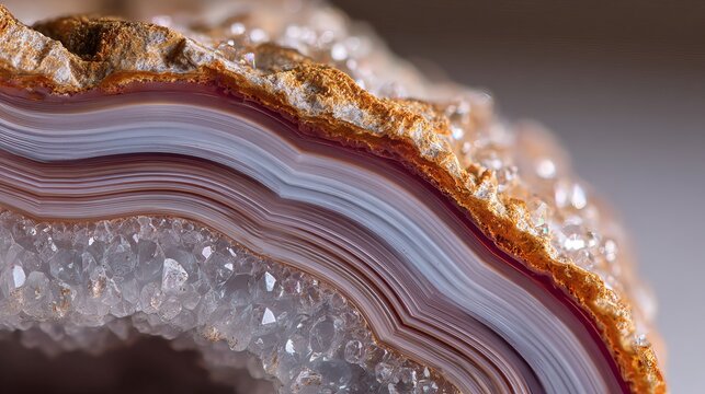A close-up view of a colorful agate geode with intricate banding and crystalline structure