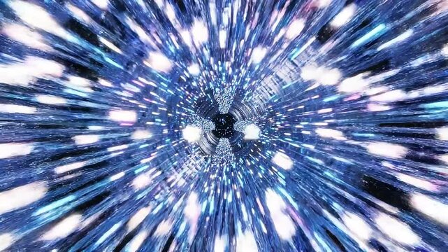 Futuristic Abstract Tunnel with Concentric Rings and Streaks of Blue and Purple Light Emanating from a Central Point Against a Blurred Cityscape Background