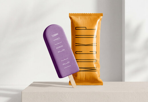 Ice cream bar on a stick and plastic wrapper packaging mockup on a concrete podium with soft shadow background