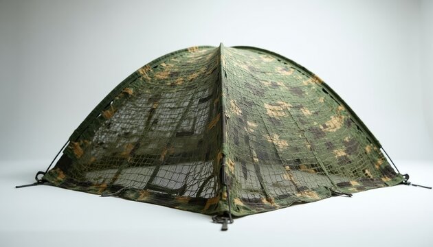 Camouflage net tent structure raised in middle. Green brown tan pattern covers mesh fabric. Tactical concealment gear used for outdoor hide shelter protection.