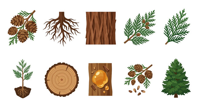 Vector collection of forest elements, including pinecones, tree roots, wood bark, and natural food-like amber resin, all in a clean graphical style