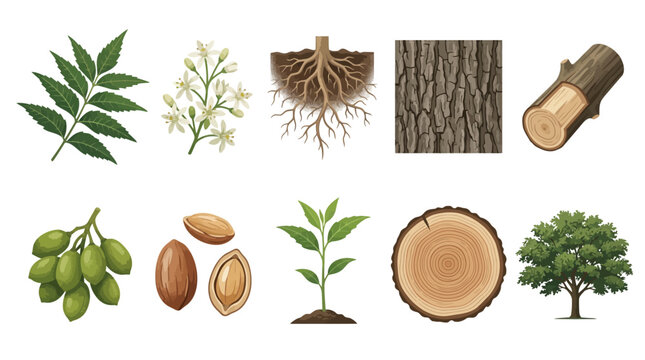 Collection of vector illustrations depicting elements of a tree, including leaves, flowers, roots, bark, trunk, fruit, nuts, a seedling, and a cross-section, symbolizing growth and food