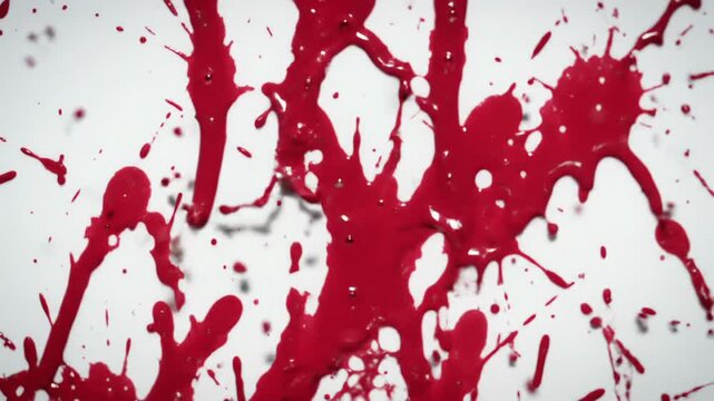 A high-viscosity crimson red liquid dynamically splattering with explosive force onto a pristine matte white surface, forming intricate patterns. Abstract artistic study of motion and color