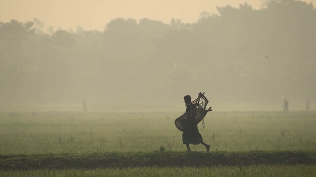 Bogura, Bangladesh - 17 May 2026: View of a fisherman carrying a traditional bamboo trap while walking through a misty field at dawn with trees in the background.