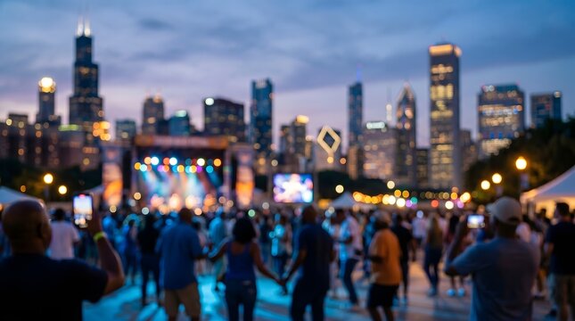 Blurred chicago skyline event and crowd dancing at vibrant in outdoor 