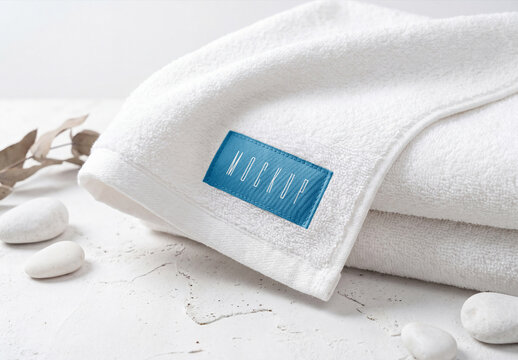 White cotton towel mockup with blue fabric label tag on a concrete stone surface with zen stones background