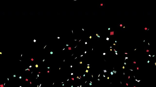 Four explosions of multi-colored confetti on a transparent background. Pro Res 4444.