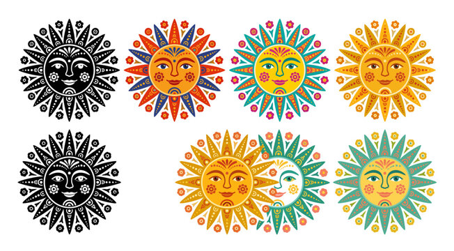 Stylized sun faces folk art illustration with colorful rays and white background