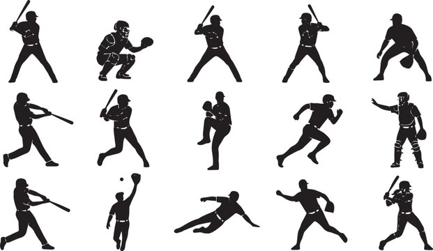 Baseball players silhouettes set with athletic batters swinging bats, pitchers throwing balls, catchers, and runners isolated on white background vector