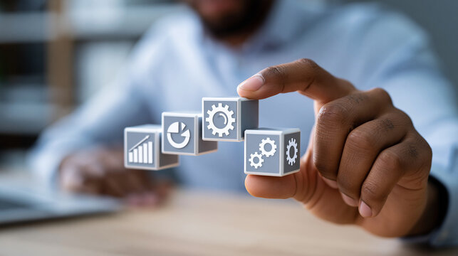 Decision making process concept displayed with strategic planning and organizational development elements, analytical thinking and business solutions visualization, defocused