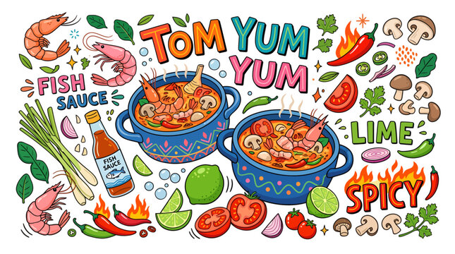 Tom yum soup illustration with shrimp mushrooms and spicy ingredients