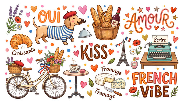 Whimsical french themed illustration with dog food and symbols