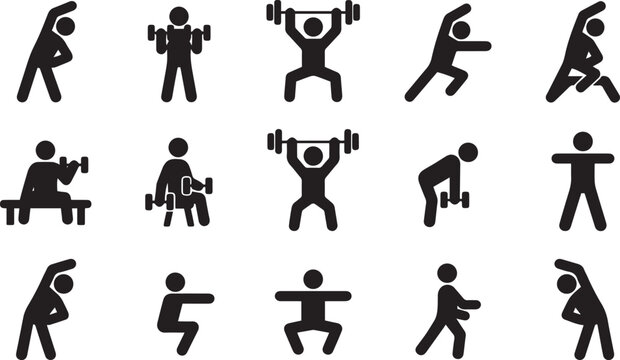 Fitness gym workout training stick figure pictogram icon set, black silhouette athlete characters practicing stretching and weightlifting flat vector illustration.