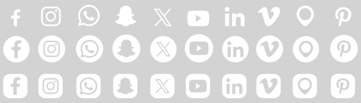 Social Media Icons Set with White Circle and Square Buttons for Facebook Instagram X YouTube and LinkedIn