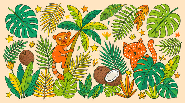Tropical illustration with tarsier tiger cub and lush foliage
