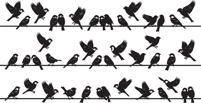 Flock of birds sitting and flying on power lines silhouette collection icon set, sparrow characters flat vector illustration on white background.