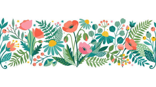 Seamless floral border with wildflowers leaves and berries