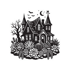 Fototapeta premium Haunted House with Succulents Halloween Vector Silhouette