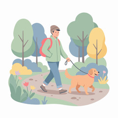 Fototapeta premium Man walking golden retriever dog on leash along forest path, cheerful outdoor lifestyle with autumn trees. Vector illustration suitable for Father’s Day greeting cards, family branding,
