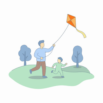Man flying kite with child outdoors, cheerful father-son activity. Vector illustration for Fathers Day greeting cards, family bonding, and outdoor lifestyle branding.