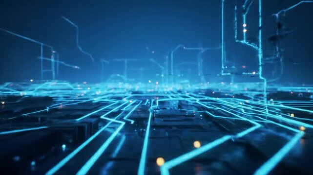 Dynamic video of glowing cerulean lines on digital circuit board, pulsating nodes, rapid data flow in indigo futuristic setting. concept of sentient data infrastructure