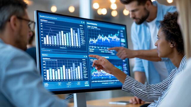 Corporate team gathered around a large monitor displaying analytics data during a strategy session, data-driven leadership and group decision making concept, faceless, defocused
