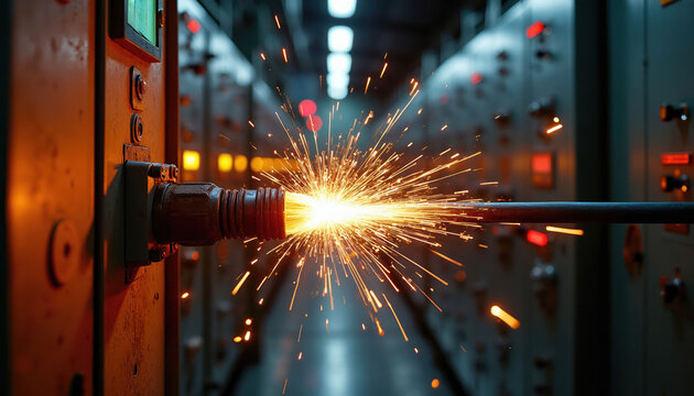 High voltage wire creates bright sparks in electrical control room. Intense light bursts from arc flash near industrial panel. Power system failure risk, energy hazard.