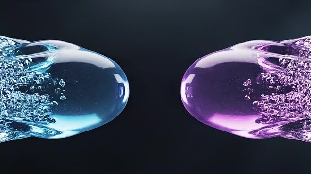 Two interconnected liquid spheres filled with swirling bubbles, one in cool blue tones and the other in warm purple hues, joined by a thin, translucent bridge against a dark background