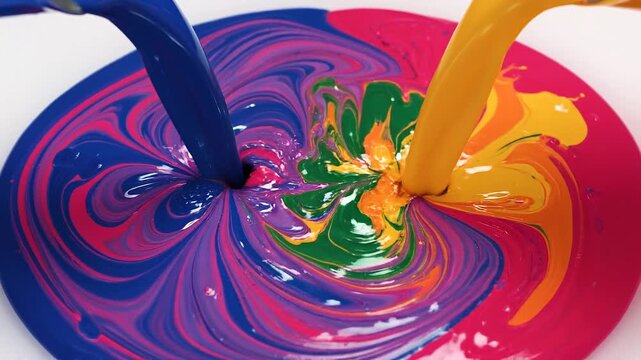 Vibrant blue and yellow liquid paints are poured into a pool of bright pink paint creating swirling patterns and color mixing effects Keywords: paint, liquid, pouring, mixing, swirling, colors