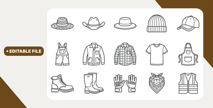Collection of workwear and hat icons arranged in grid layout