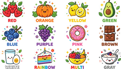Fototapeta premium Kawaii Food Color Learning Vector Set Featuring Rainbow Cake Fruit and Vegetable Characters for Early Childhood Education and Preschool Branding