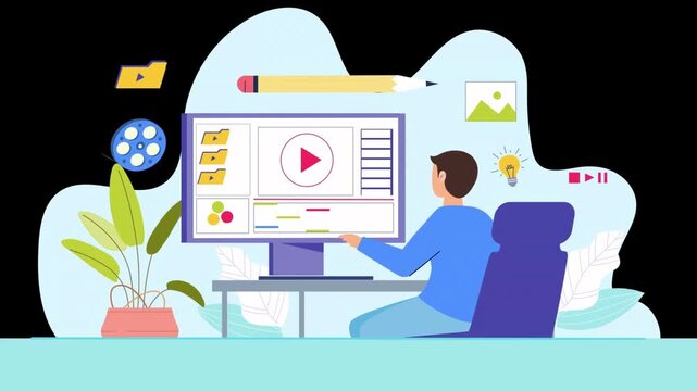 Video editing software concept illustration, digital content creator working on computer, professional motion graphics and post-production workflow
