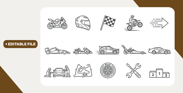 Set of racing and motorsport icons displayed on white background