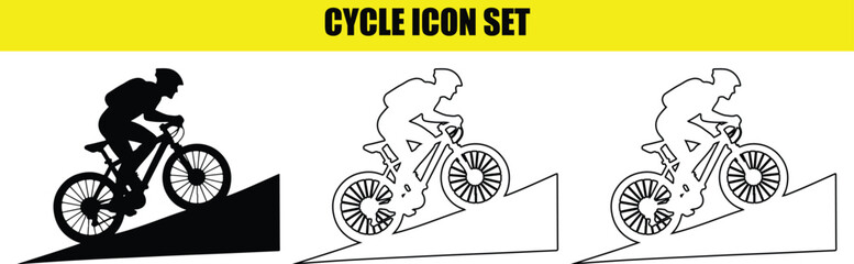 Naklejka premium Cycle icon set of mountain biker riding uphill in silhouette white and outline styles for adventure sports art.