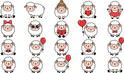 Cute cartoon sheep lamb character sticker set featuring fluffy white farm animal emojis with red hearts balloons bow ties sunglasses and winter beanies vector. © MeheDi