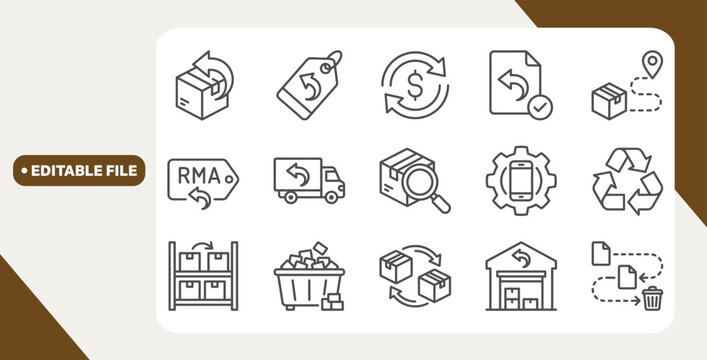Return and refund icon set showing logistics and tracking