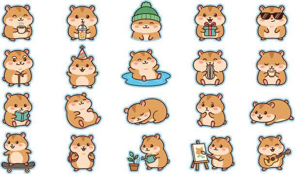 Cute cartoon hamster character sticker set featuring the little rodent painting playing guitar reading books skateboarding eating snacks and watering plants vectors.