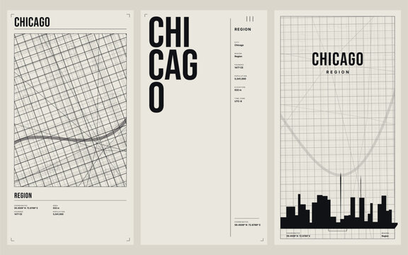 Set of three modern minimalist posters featuring chicago city maps and skyline vector illustration