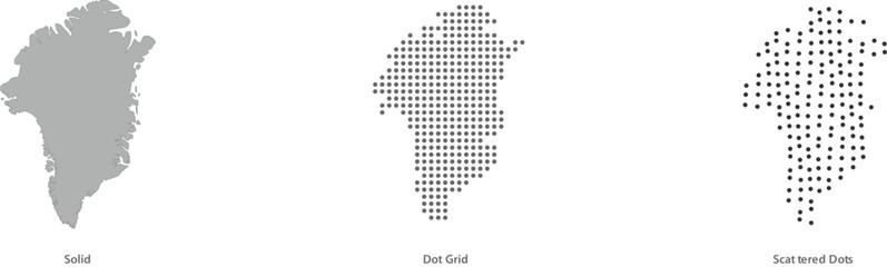 Greenland map silhouette in solid, dot grid, and scattered dots styles vector illustration © Taky
