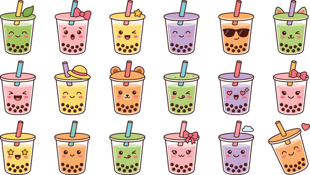 Cute boba bubble milk tea cartoon character sticker set featuring colorful tapioca pearl drink emojis with various facial expressions hats and bows vector.
